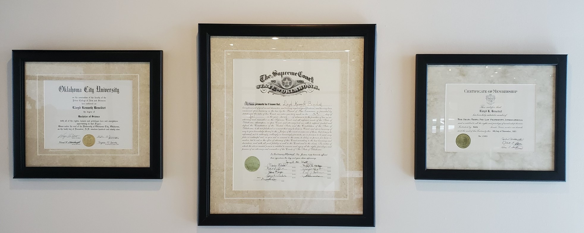 Lloyd K. Benedict Certificates for best lawyer in Oklahoma